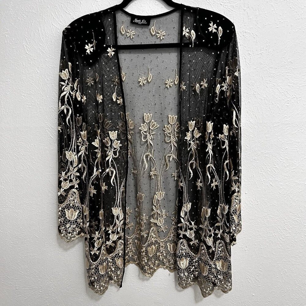 VTG 90s Vonda D’s Black Cream Floral Sheer Mesh Jacket Open Front Beaded Size L‎